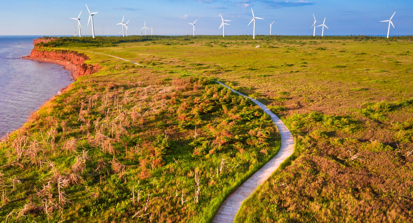 North Cape, wind turbines, road, cliffs, ocean 